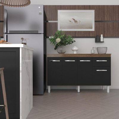 Balcão Cozinha Armário Gabinete Camila Preto Com Tampo Tampão 140 Cm Mobília Decor