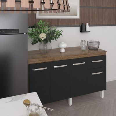 Balcão Cozinha Armário Gabinete Camila Preto Com Tampo Tampão 140 Cm Mobília Decor