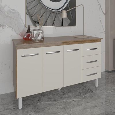 Balcão Gabinete Armário Cozinha Carine Off White Com Tampo Tampão 140 Cm Mobília Decor
