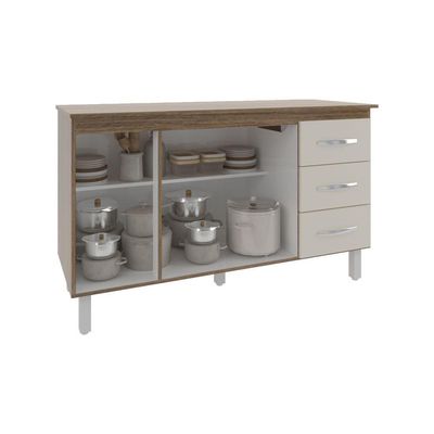 Balcão Gabinete Armário Cozinha Carine Off White Com Tampo Tampão 140 Cm Mobília Decor