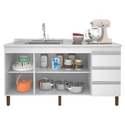 Balcão Gabinete Para Pia 160cm Sem Tampo 3 Portas Karen P14 Branco - Mpozenato