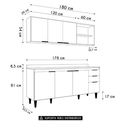 Armário De Cozinha Com Tampo Cp10 180cm Pérola Preto Z34 - Mpozenato