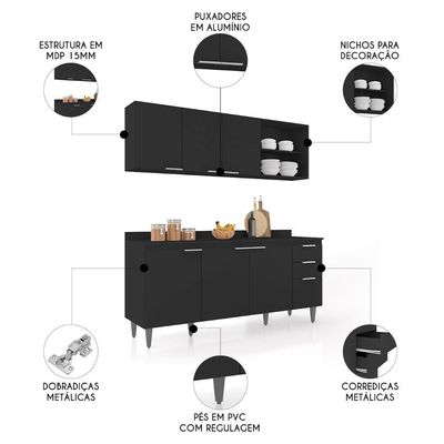 Armário De Cozinha Com Tampo Cp10 180cm Pérola Preto Z34 - Mpozenato
