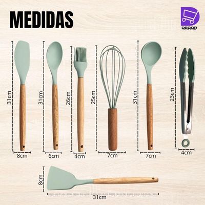 Conjunto Kit De Utensílios De Cozinha Em Silicone 8 Peças, Verde Claro