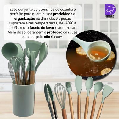 Conjunto Kit De Utensílios De Cozinha Em Silicone 8 Peças, Verde Claro