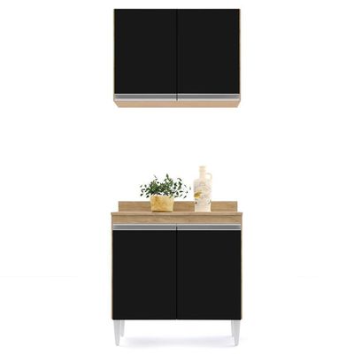Armário Aéreo Califórnia E Balcão Hawai Com Tampo 80cm Castanho-preto - Lumil