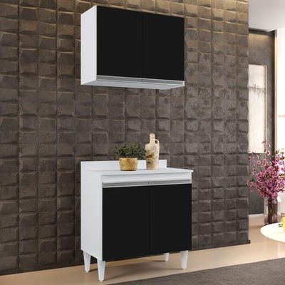 Armário Aéreo Califórnia E Balcão Hawai Com Tampo 80cm Branco-preto - Lumil