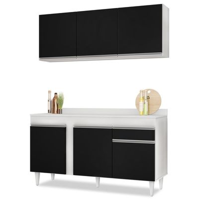 Armário Aéreo Argélia E Balcão Gabinete Para Pia Com Tampo 150cm Dakota Branco-preto- Lumil