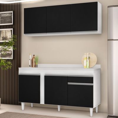 Armário Aéreo Argélia E Balcão Gabinete Para Pia Com Tampo 150cm Dakota Branco-preto- Lumil