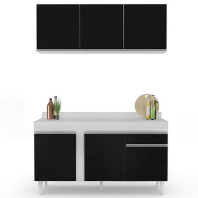 Armário Aéreo Argélia E Balcão Gabinete Para Pia Com Tampo 150cm Dakota Branco-preto- Lumil