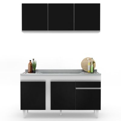 Armário Aéreo Argélia E Balcão Gabinete Com Pia Inox 150cm Dakota Branco-preto - Lumil