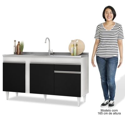 Armário Aéreo Argélia E Balcão Gabinete Com Pia Inox 150cm Dakota Branco-preto - Lumil