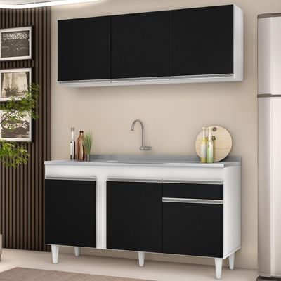 Armário Aéreo Argélia E Balcão Gabinete Com Pia Inox 150cm Dakota Branco-preto - Lumil