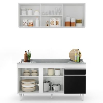 Armário Aéreo Argélia E Balcão Gabinete Com Pia Inox 150cm Dakota Branco-preto - Lumil