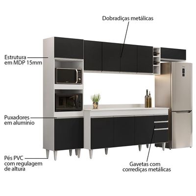 Armário De Cozinha Modulada 5 Peças Cp17 Balcão Com Tampo Branco/preto - Lumil