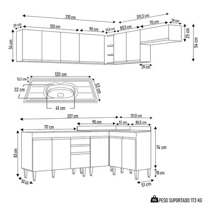 Armário De Cozinha Modulado De Canto 7 Peças Cp21 Com Pia Inox Castanho/cinza - Lumil