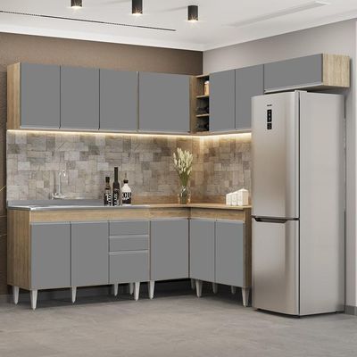 Armário De Cozinha Modulado De Canto 7 Peças Cp21 Com Pia Inox Castanho/cinza - Lumil
