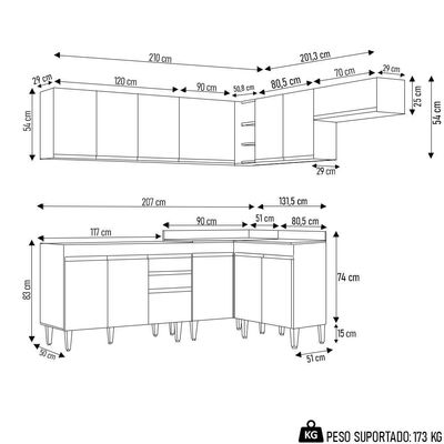 Armário De Cozinha Modulado De Canto 7 Peças Cp19 Balcão Sem Tampo Castanho/cinza - Lumil