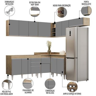 Armário De Cozinha Modulado De Canto 7 Peças Cp19 Balcão Sem Tampo Castanho/cinza - Lumil