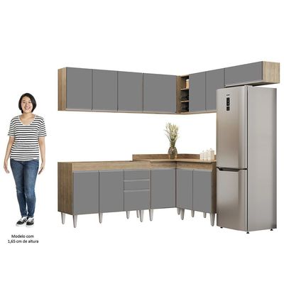Armário De Cozinha Modulado De Canto 7 Peças Cp19 Balcão Sem Tampo Castanho/cinza - Lumil