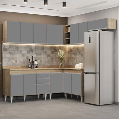 Armário De Cozinha Modulado De Canto 7 Peças Cp20 Balcão Com Tampo Castanho/cinza - Lumil