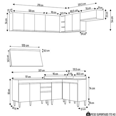 Armário De Cozinha Modulado De Canto 7 Peças Cp20 Balcão Com Tampo Castanho/cinza - Lumil