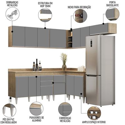 Armário De Cozinha Modulado De Canto 7 Peças Cp20 Balcão Com Tampo Castanho/cinza - Lumil