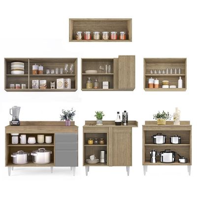 Armário De Cozinha Modulado De Canto 7 Peças Cp20 Balcão Com Tampo Castanho/cinza - Lumil
