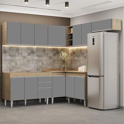 Armário De Cozinha Modulado De Canto 7 Peças Cp19 Balcão Sem Tampo Castanho/cinza - Lumil