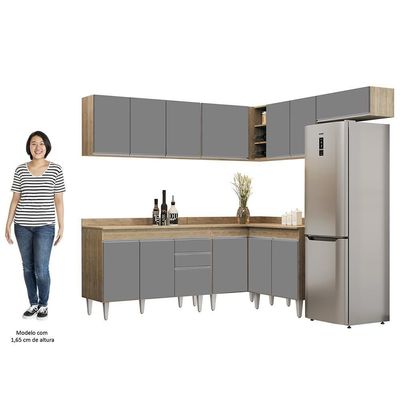 Armário De Cozinha Modulado De Canto 7 Peças Cp20 Balcão Com Tampo Castanho/cinza - Lumil