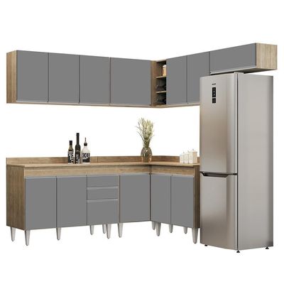 Armário De Cozinha Modulado De Canto 7 Peças Cp20 Balcão Com Tampo Castanho/cinza - Lumil