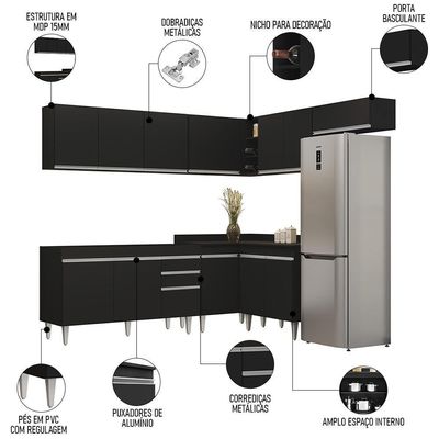 Armário De Cozinha Modulado De Canto 7 Peças Cp22 Balcão Sem Tampo Preto - Lumil