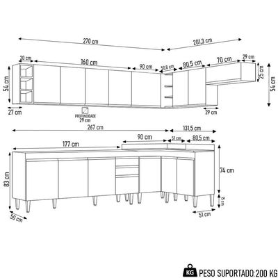 Armário De Cozinha Modulado De Canto 8 Peças Cp25 Balcão Sem Tampo Preto - Lumil
