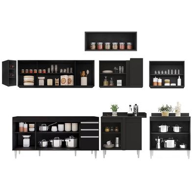 Armário De Cozinha Modulado De Canto 8 Peças Cp25 Balcão Sem Tampo Preto - Lumil
