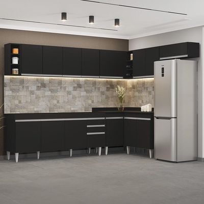Armário De Cozinha Modulado De Canto 8 Peças Cp25 Balcão Sem Tampo Preto - Lumil