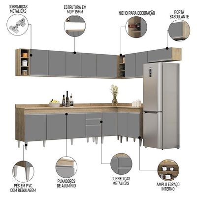 Armário De Cozinha Modulado De Canto 8 Peças Cp25 Balcão Sem Tampo Castanho/cinza - Lumil