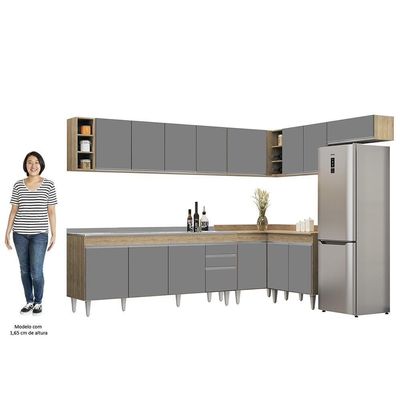 Armário De Cozinha Modulado De Canto 8 Peças Cp27 Com Pia Inox Castanho/cinza - Lumil