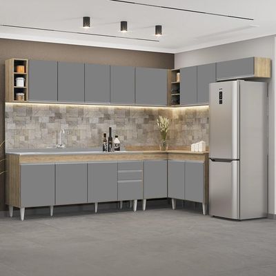 Armário De Cozinha Modulado De Canto 8 Peças Cp27 Com Pia Inox Castanho/cinza - Lumil