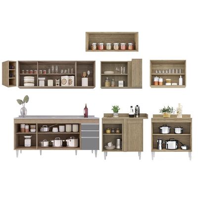 Armário De Cozinha Modulado De Canto 8 Peças Cp27 Com Pia Inox Castanho/cinza - Lumil