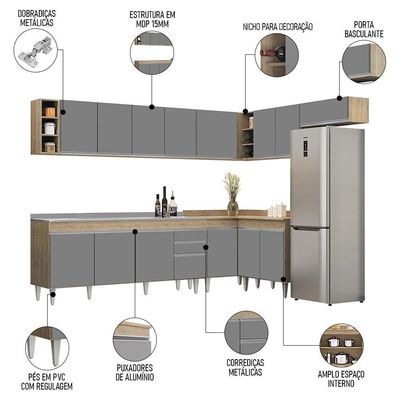 Armário De Cozinha Modulado De Canto 8 Peças Cp27 Com Pia Inox Castanho/cinza - Lumil