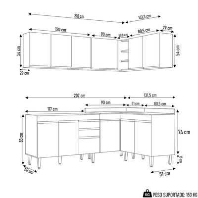 Armário De Cozinha Modulado De Canto 6 Peças Cp28 Balcão Sem Tampo Castanho/cinza - Lumil
