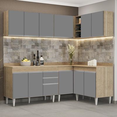 Armário De Cozinha Modulado De Canto 6 Peças Cp29 Balcão Com Tampo Castanho/cinza - Lumil