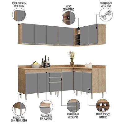 Armário De Cozinha Modulado De Canto 6 Peças Cp29 Balcão Com Tampo Castanho/cinza - Lumil