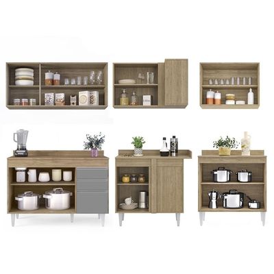 Armário De Cozinha Modulado De Canto 6 Peças Cp29 Balcão Com Tampo Castanho/cinza - Lumil