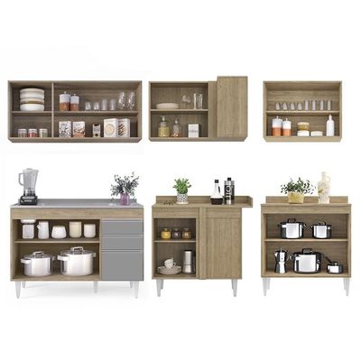 Armário De Cozinha Modulado De Canto 6 Peças Cp30 Com Pia Inox Castanho/cinza - Lumil