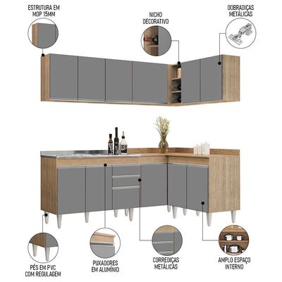 Armário De Cozinha Modulado De Canto 6 Peças Cp30 Com Pia Inox Castanho/cinza - Lumil