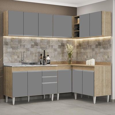 Armário De Cozinha Modulado De Canto 6 Peças Cp30 Com Pia Inox Castanho/cinza - Lumil