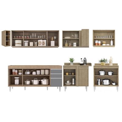 Armário De Cozinha Modulado De Canto 7 Peças Cp34 Balcão Sem Tampo Castanho/cinza - Lumil