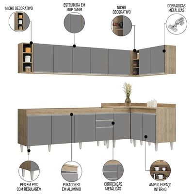 Armário De Cozinha Modulado De Canto 7 Peças Cp34 Balcão Sem Tampo Castanho/cinza - Lumil