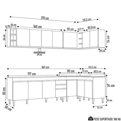 Armário De Cozinha Modulado De Canto 7 Peças Cp34 Balcão Sem Tampo Castanho/cinza - Lumil